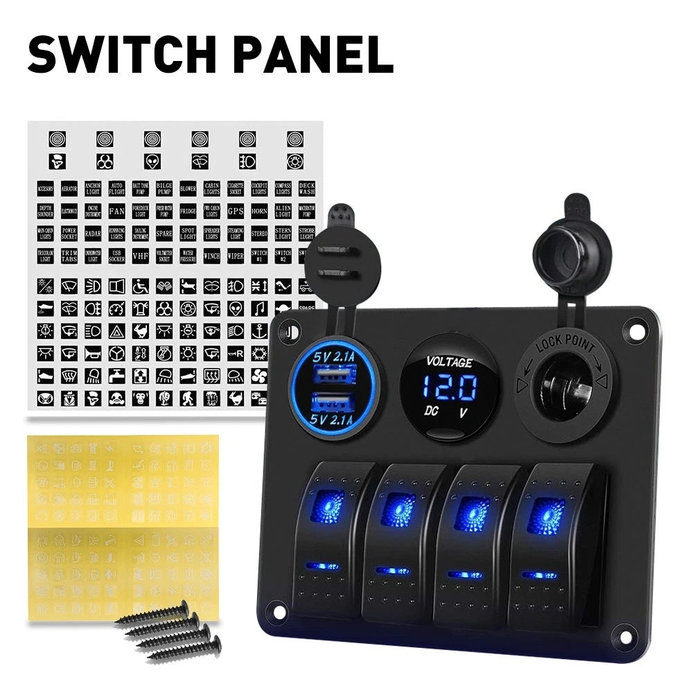 4 Gang USB LED Rocker Switch Panel for Marine Car Boat Waterproof
