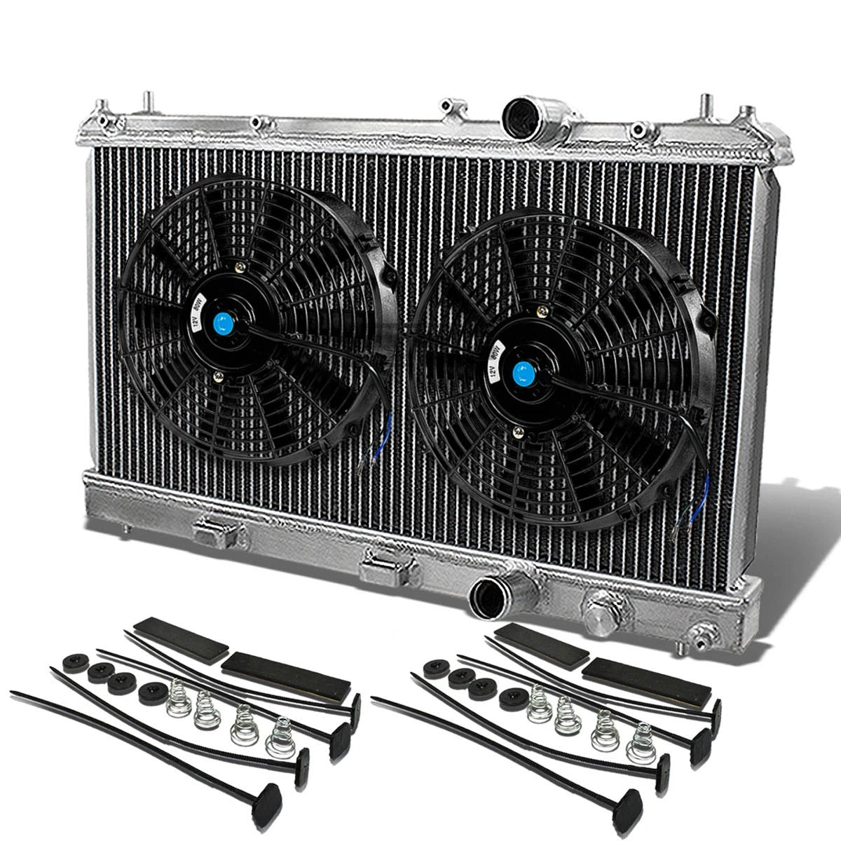 Dual Row Aluminum Chrome Radiator with 10" Black Cooling Fans for MT/Manual
