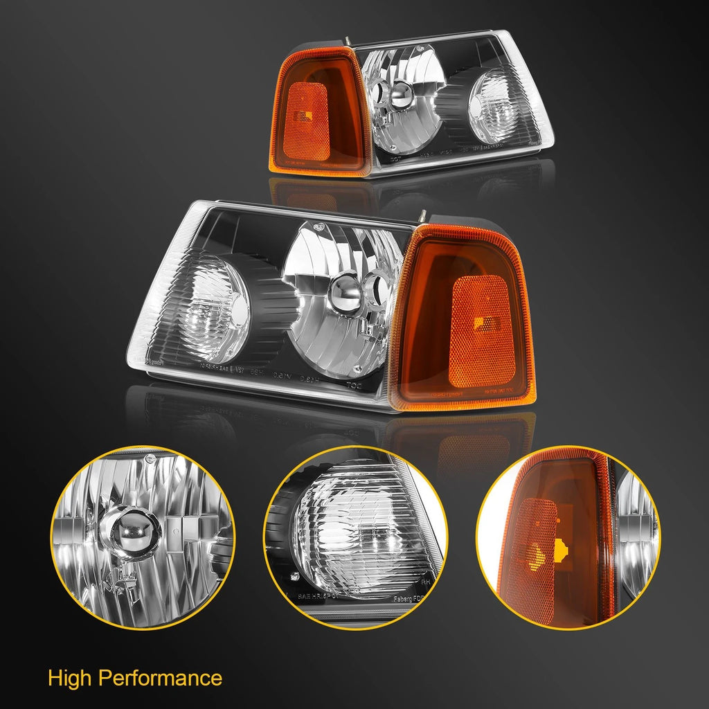 Pair Headlight Assemblies for Ford Ranger (2001–2011) Black Housing Amber