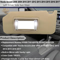 Beige Left Driver Side Sun Visor w/LED Lights for Honda Accord (2008–2017)