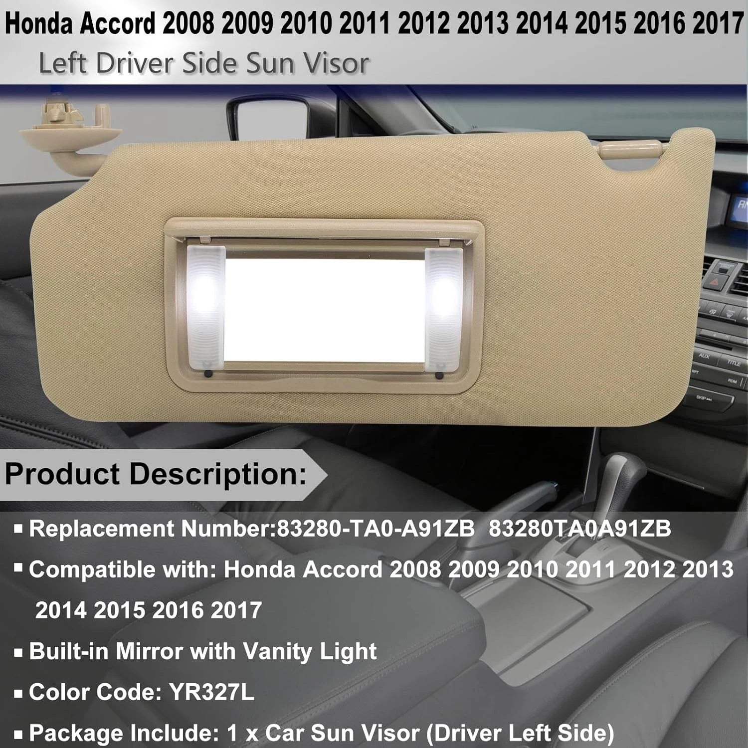 Beige Left Driver Side Sun Visor w/LED Lights for Honda Accord (2008–2017)