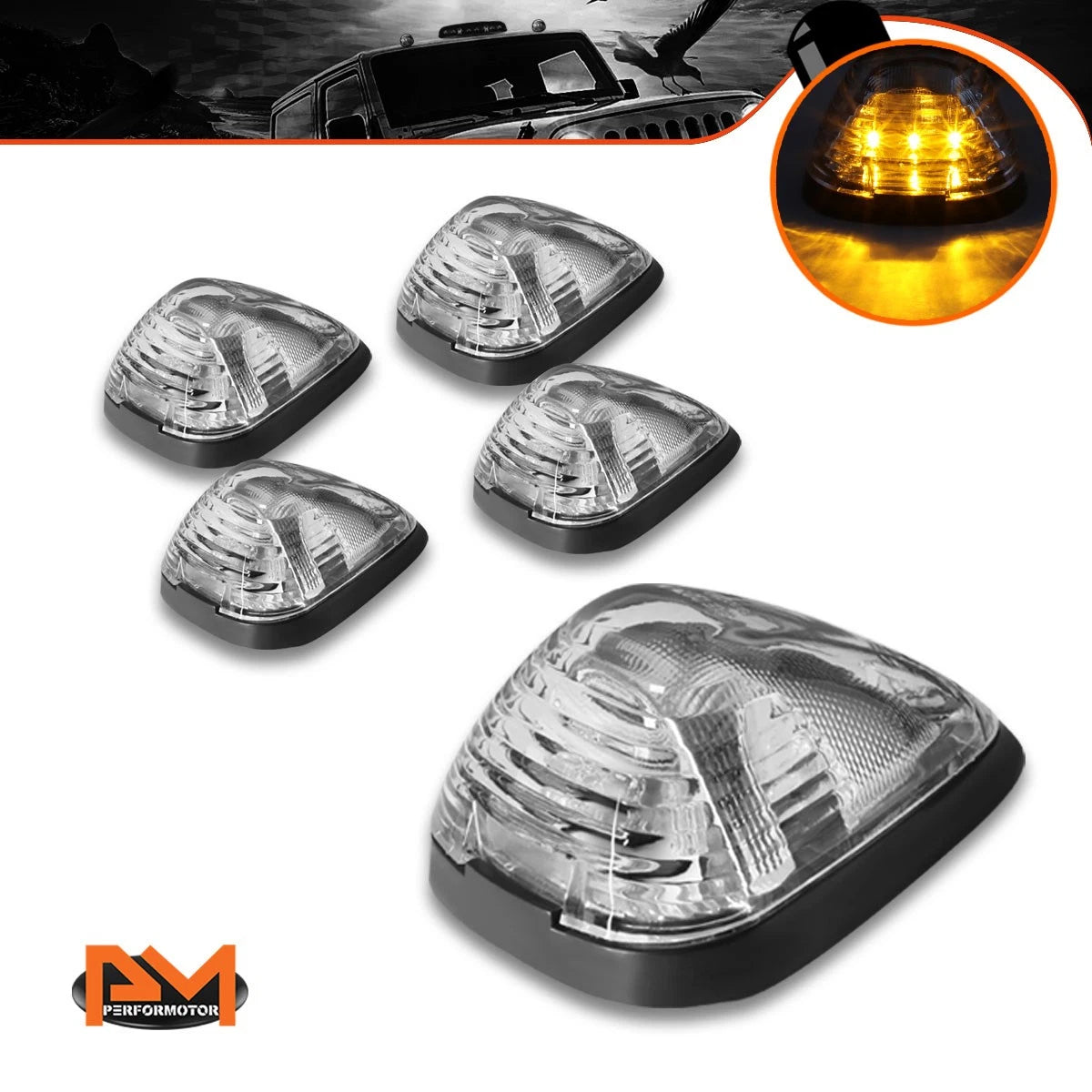 5Pcs Cab Roof Running Light with Harness Chrome Yellow LED for Ford Superduty (1999–2016)