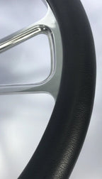14in Polished Billet 5 Hole Steering Wheel Black Leather Horn Button for Universal