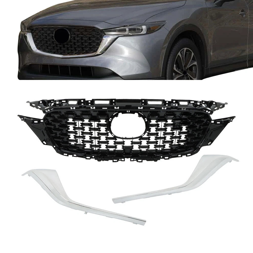 Front Upper Grille for Mazda CX-5 (2022–2023) Glossy Black + Chrome Trim