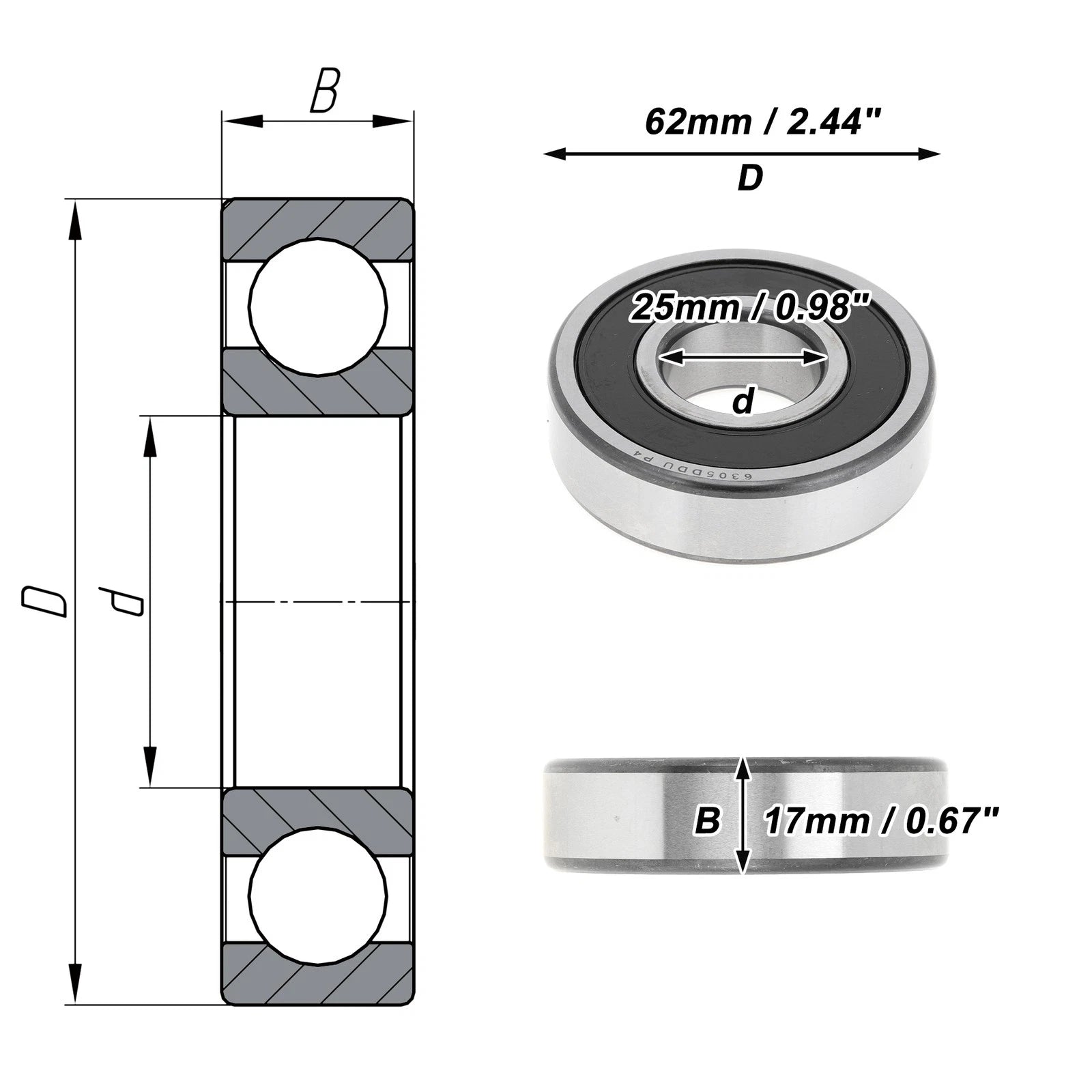 1 Pc 6305DDU Deep Groove Ball Bearing P4 for Scooter Skateboard (25x62x17mm)