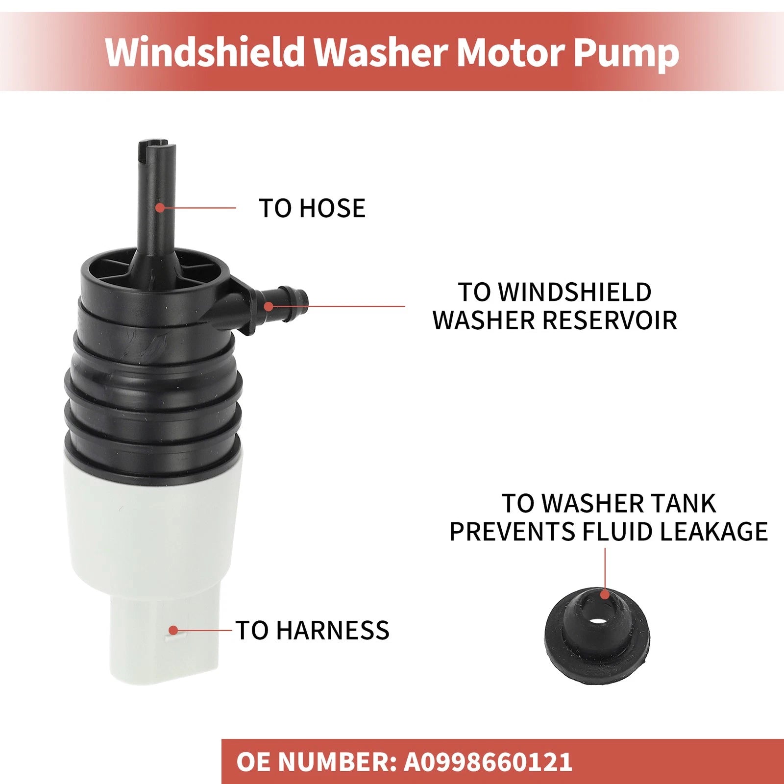 Windshield Washer Pump w/Grommet for Mercedes-Benz C-Class (No.A0998660121)