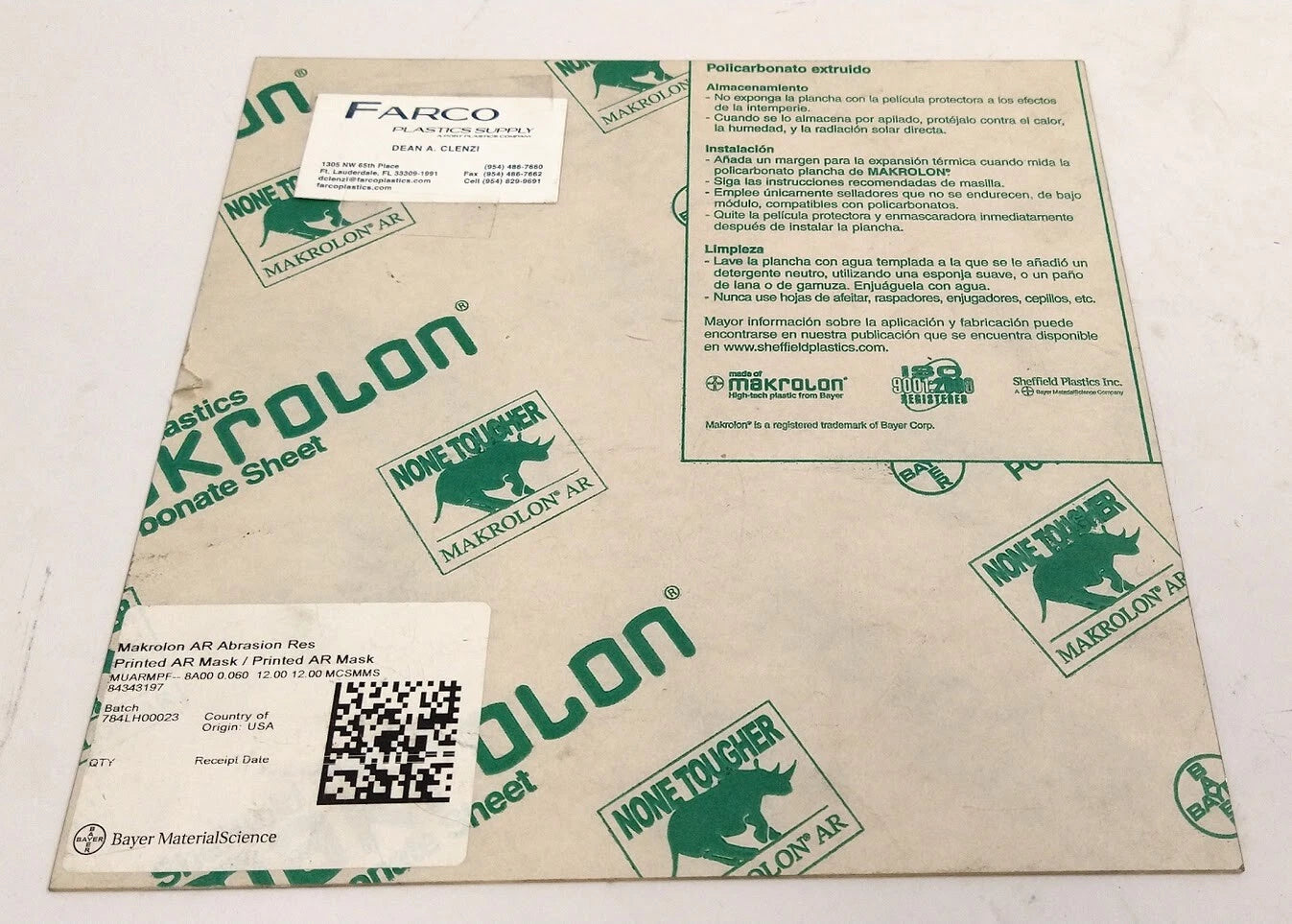 Makrolon AR Abrasion Resistant Polycarbonate Sheet 1ft x 1ft (1/16'' Thick)
