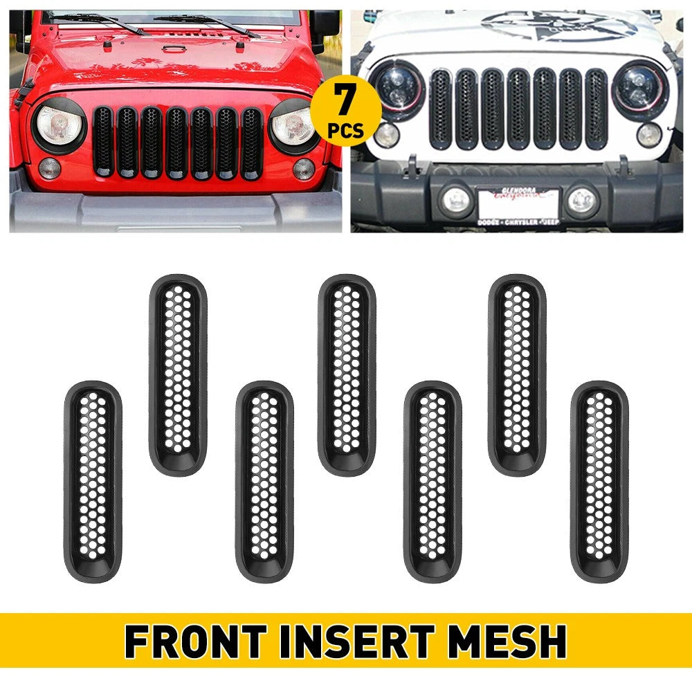 7Pc Matte Black Insert Mesh Grille Trim for Jeep Wrangler JK (2007–2018)