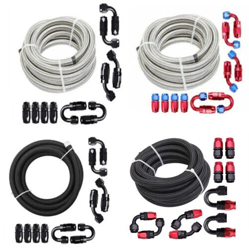 Stainless Steel Braided Fuel Oil Gas Hose Line Fittings Kit (10/16/20FT & 6/8/10AN)