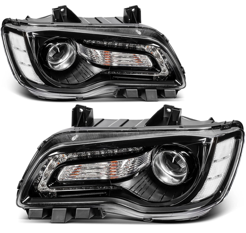 2X Headlights with Bulbs for Chrysler 300 (2015–2023) Black