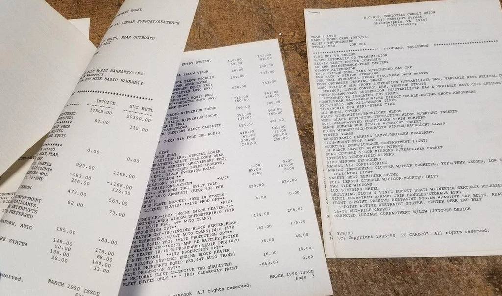 Factory Build Sheet for 1990 Thunderbird