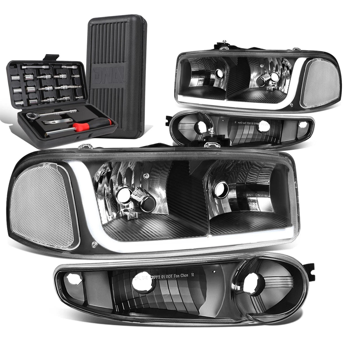 LED Tube Headlights for GMC Sierra (2001–2007) Black/Clear Bumper Lamp