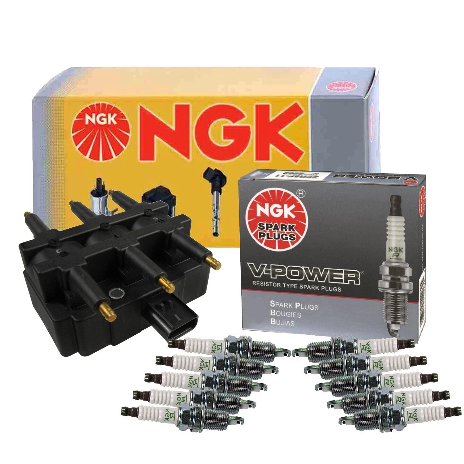 NGK DIS Ignition Coil & 10 V-Power Spark Plugs for Dodge Ram 1500 (1994–2001)