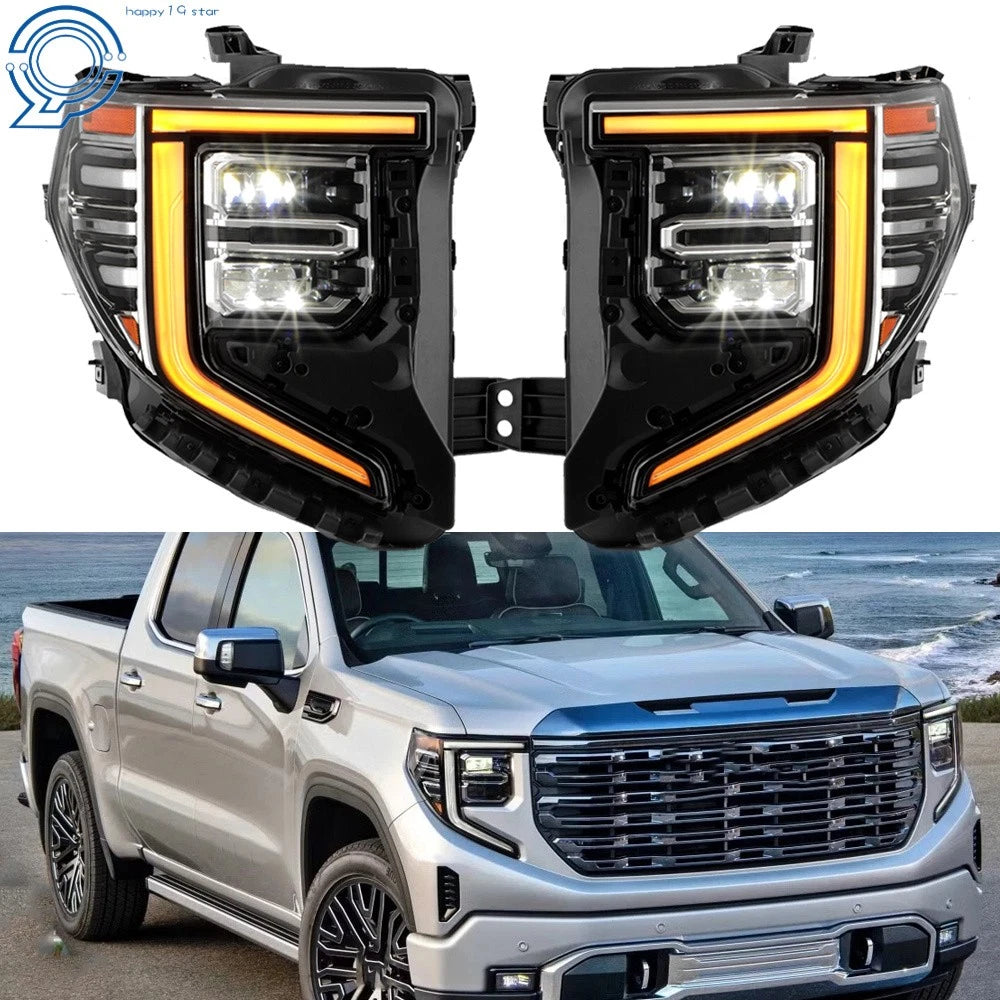 Set of 2 Full LED Headlights for GMC Sierra 1500 SLT (2022–2024) Chrome Trim