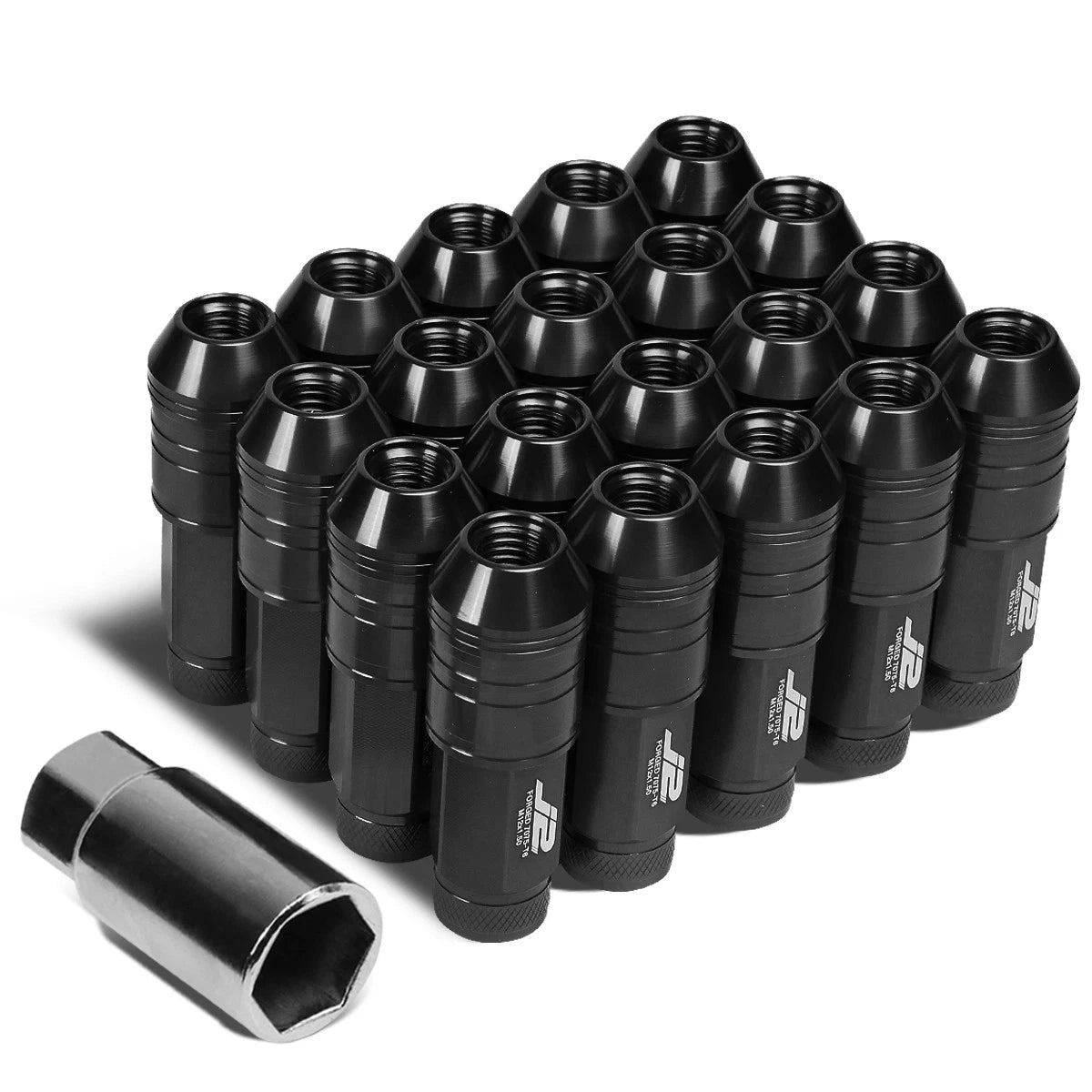 Set of 20 J2 7075 Forged Aluminum M12x1.5 Open-End Lug Nuts w/Adapter Black