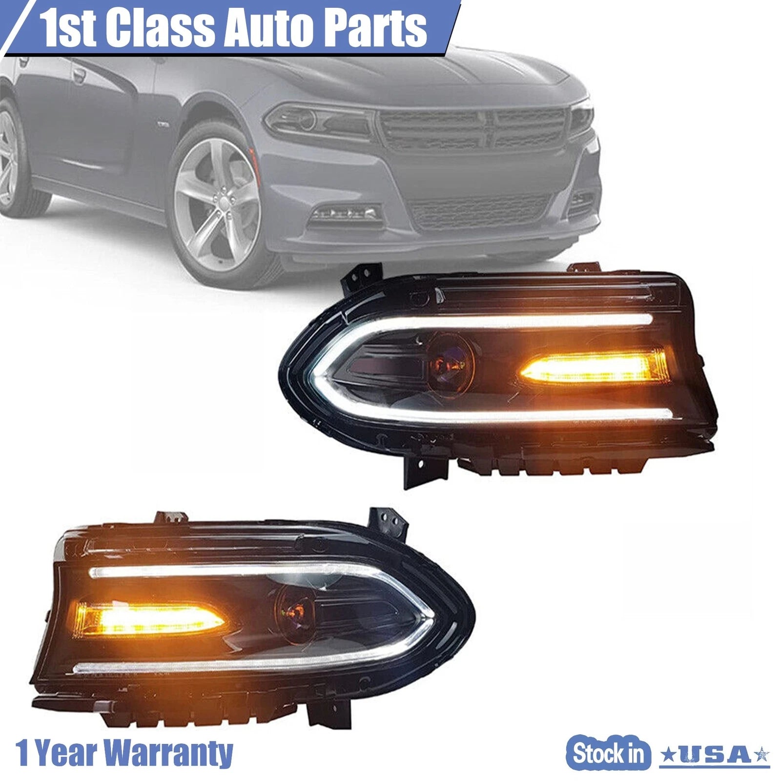 Pair of LED Dual Beam Projector Headlights for Dodge Charger (2015-2020)