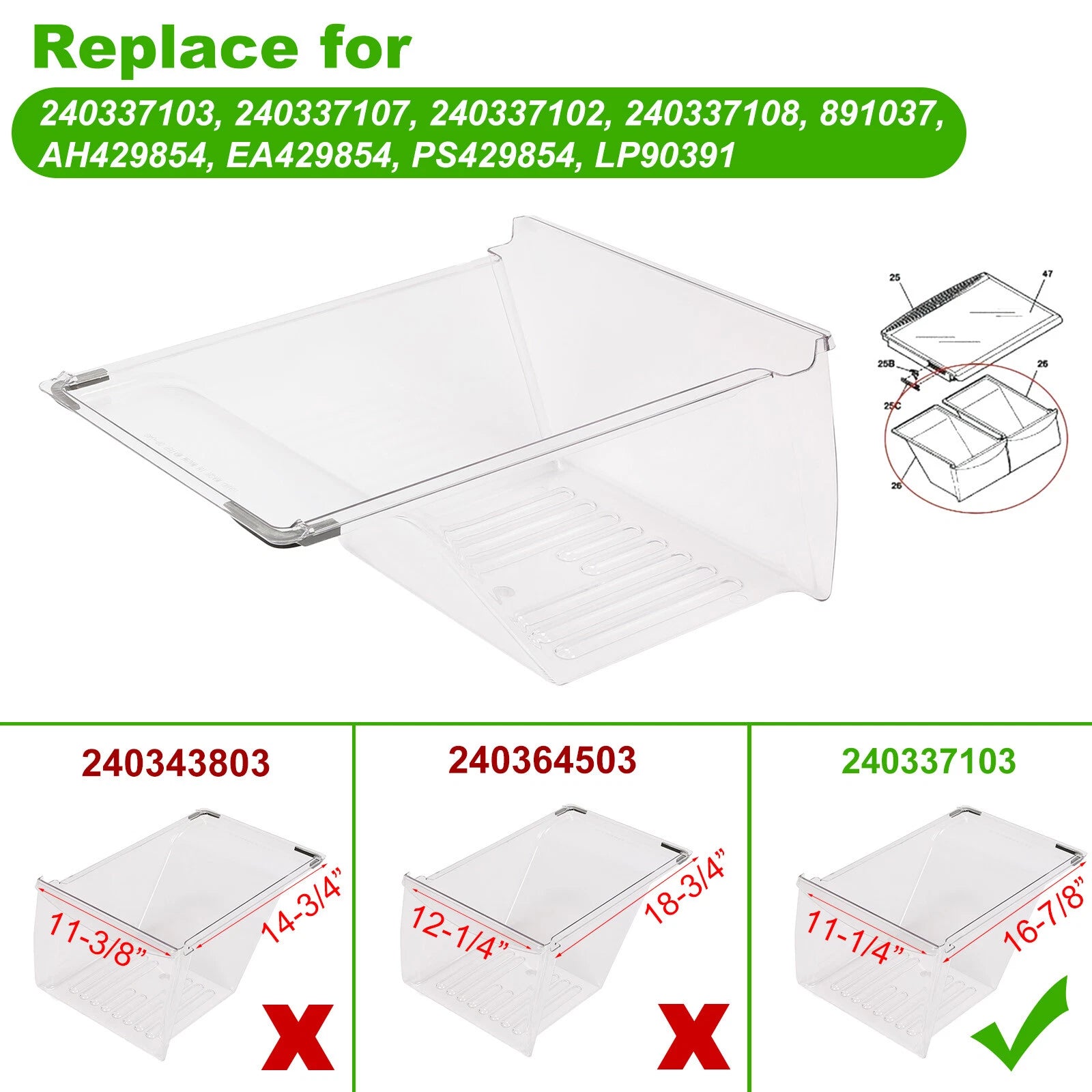 2x Crisper Drawer for Frigidaire Refrigerator (240337103, 240337107)