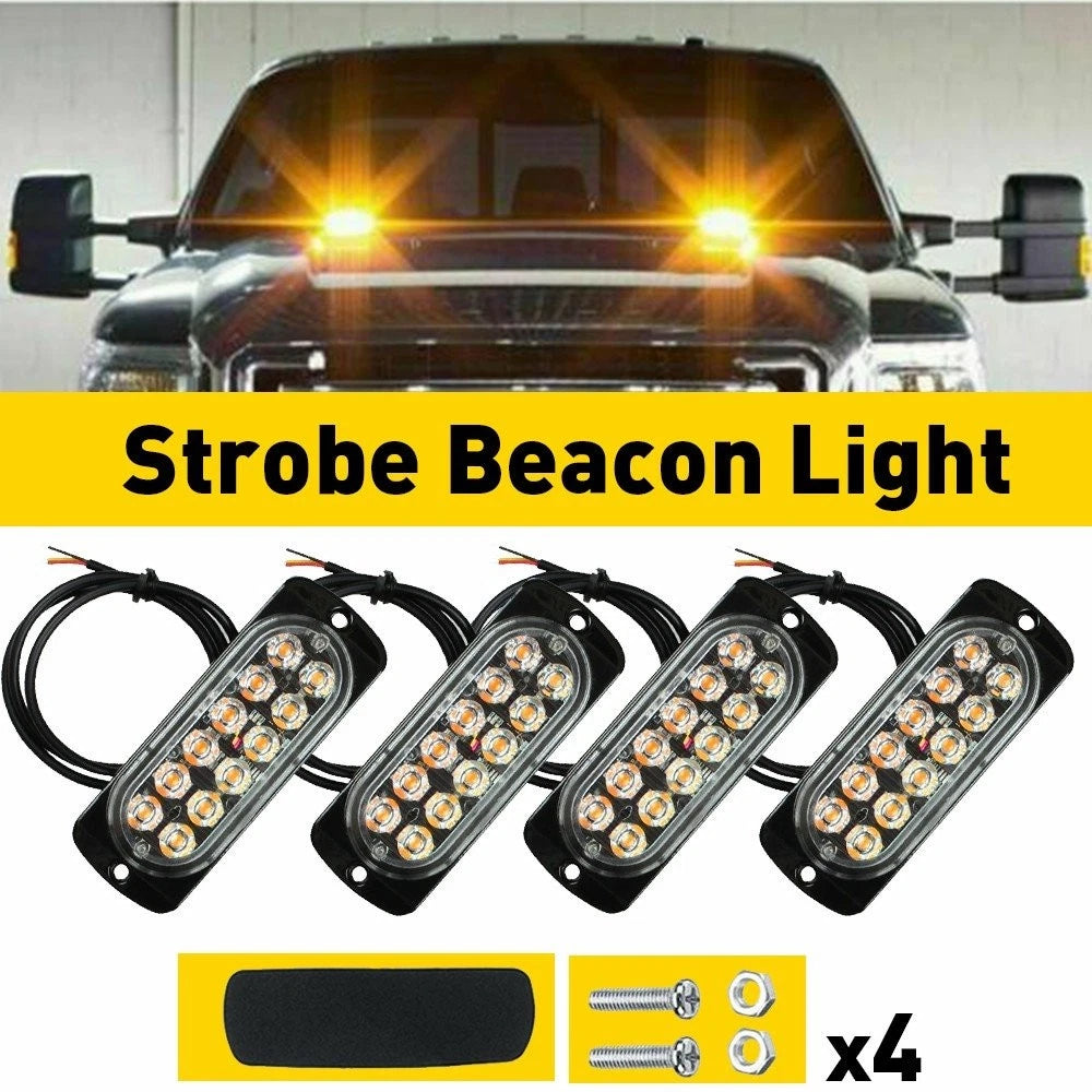 4X Amber 12 LED Beacon Warning Hazard Strobe Light for Trucks (EPY)