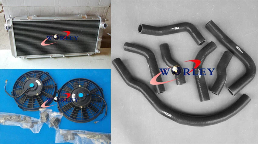 Aluminum Radiator + Fans + Black Hose Kit for Toyota MR2 SW20 (1990-1997)