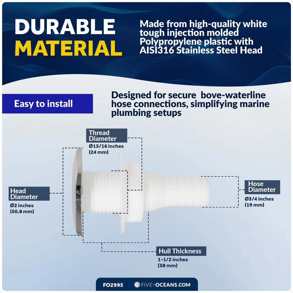 Thru-Hulls for Hose 3/4 inches - White Nylon/Stainless Steel FO2558