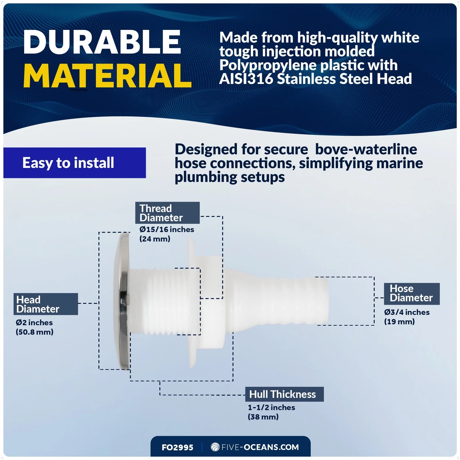 Thru-Hulls for Hose 3/4 inches - White Nylon/Stainless Steel FO2558