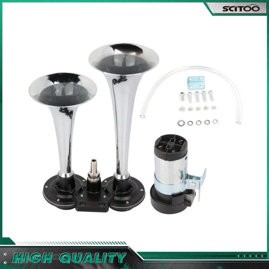 Dual Trumpet Air Horn Compressor Kit for Train Car Truck Boat (12V)
