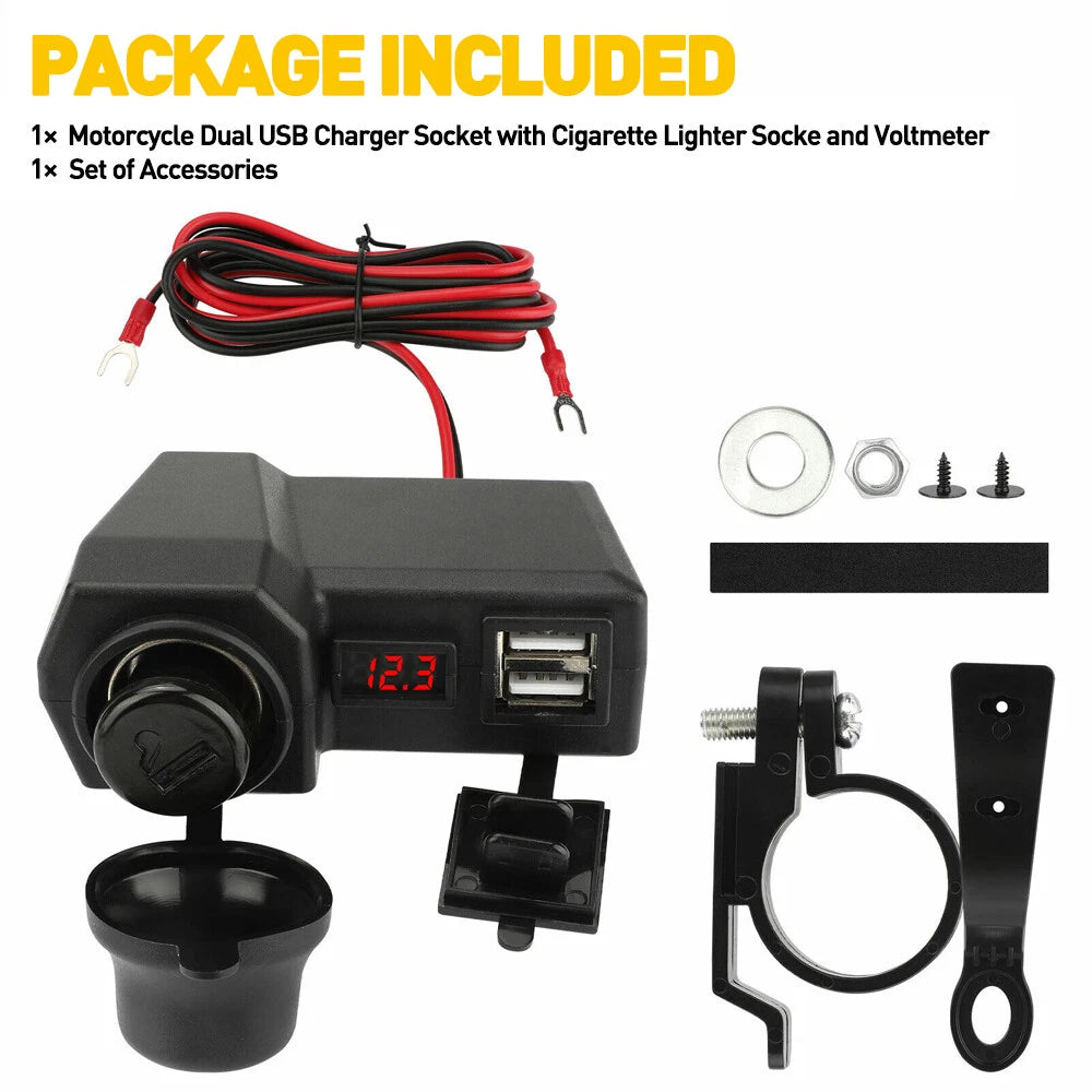 Dual USB Charger with LED Voltmeter for Motorcycle Handlebar