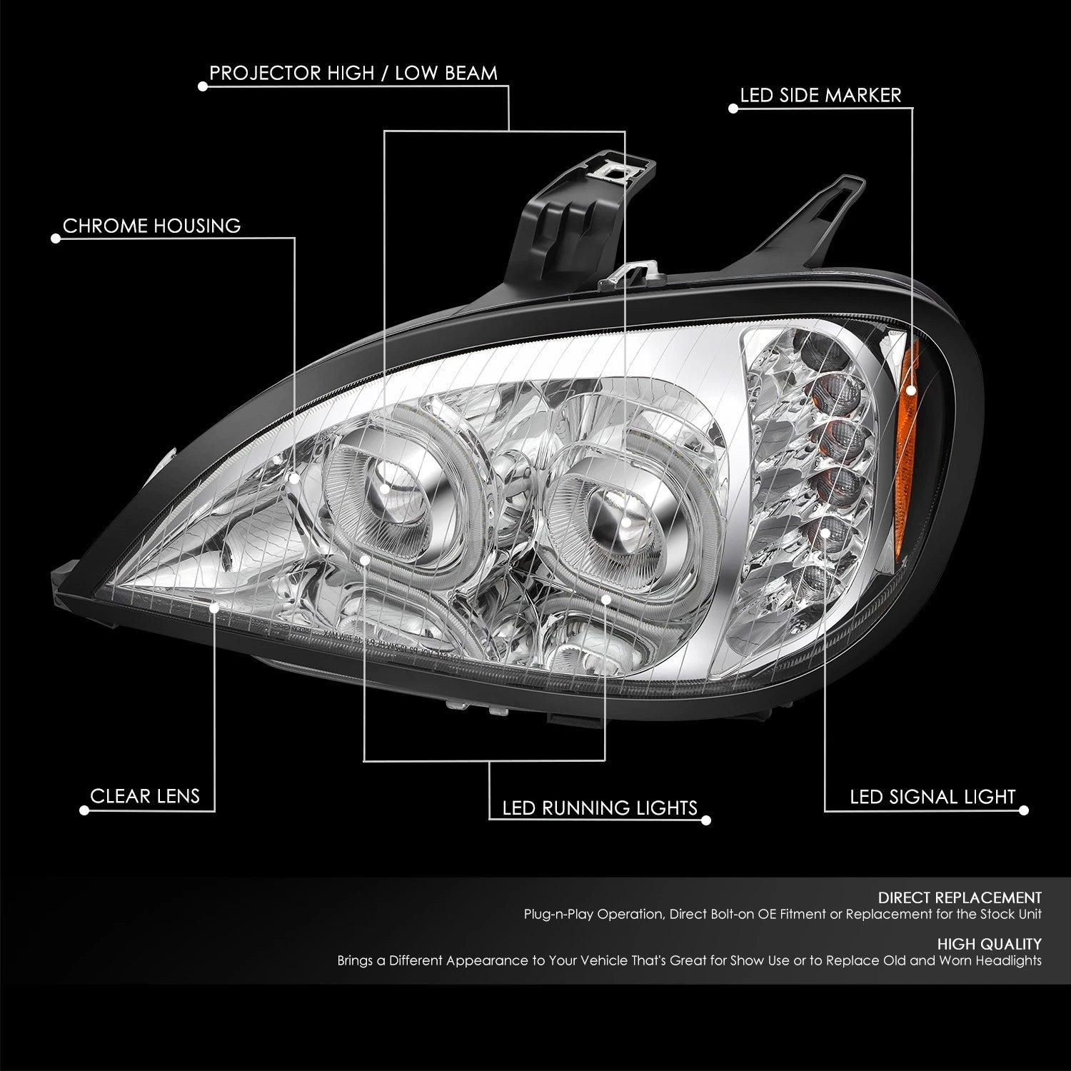 LED DRL + Turn Signal Projector Headlights for Freightliner Columbia (2004–2017)