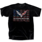 Black Chevy Corvette T-Shirt with American Flag Graphic for All Years (C1–C8)
