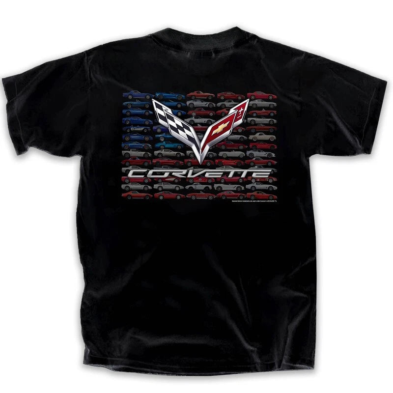 Black Chevy Corvette T-Shirt with American Flag Graphic for All Years (C1–C8)