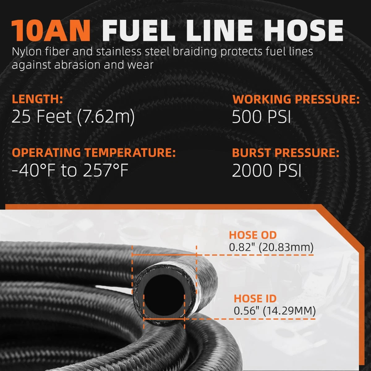 Set of 2 J2 10AN 25FT Nylon Braided Fuel Line Oil Hose End Fittings