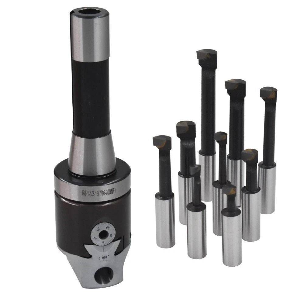 9 Pcs 2" Boring Head R8 Shank 1/2" Carbide Boring Bar Set