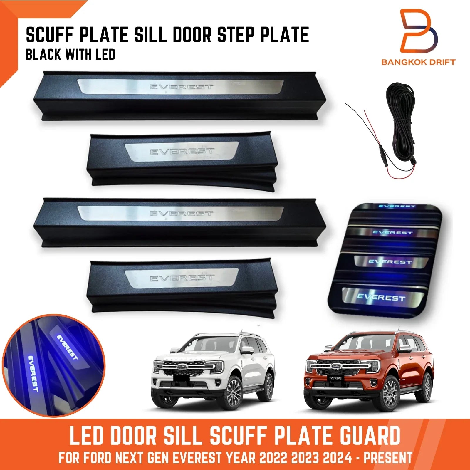 LED Black Scuff Plate Door Sill Guard for Ford Everest (2022-2024)