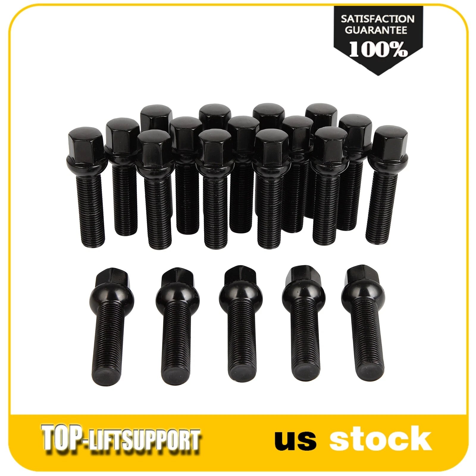 Set of 20 Extended Lug Bolts 14x1.5 Black Ball Seat for VW Audi