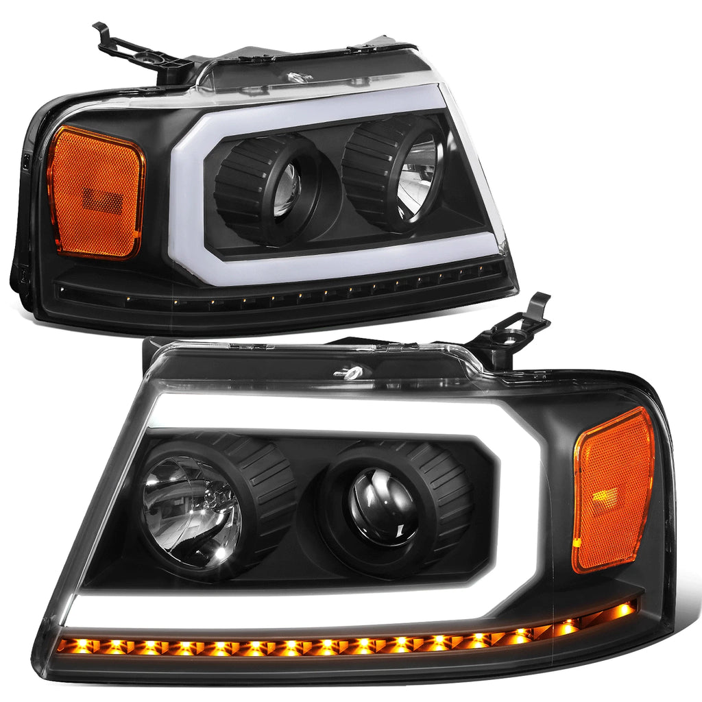 Set of 2 Black/Amber LED DRL Sequential Signal Projector Headlights for Ford F150 (2004–2008)