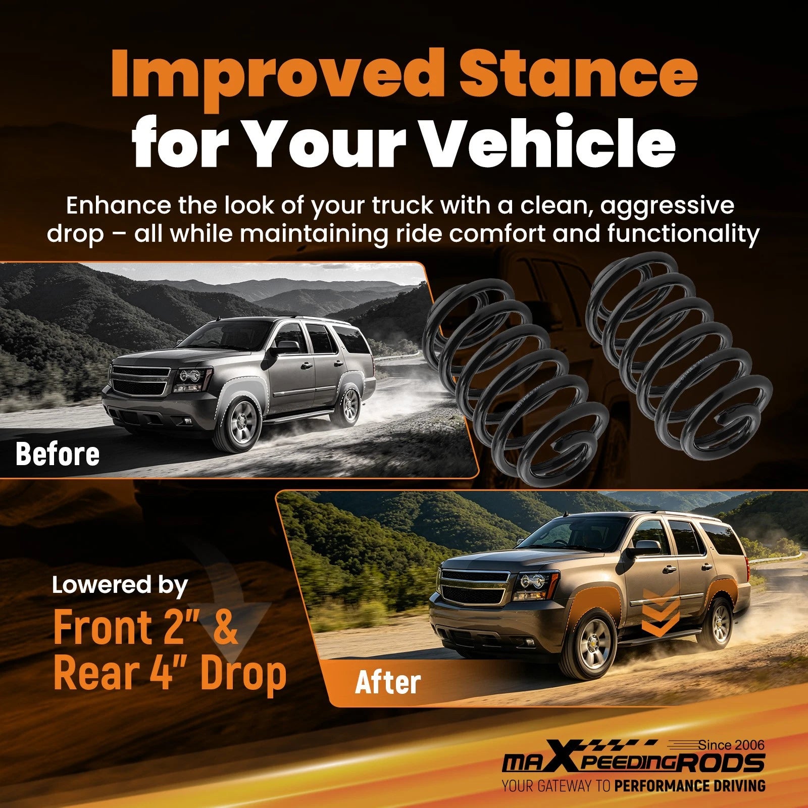 2" Front 4" Rear Drop Lowering Kit for GMC Yukon (2007–2014) Spindles + Springs
