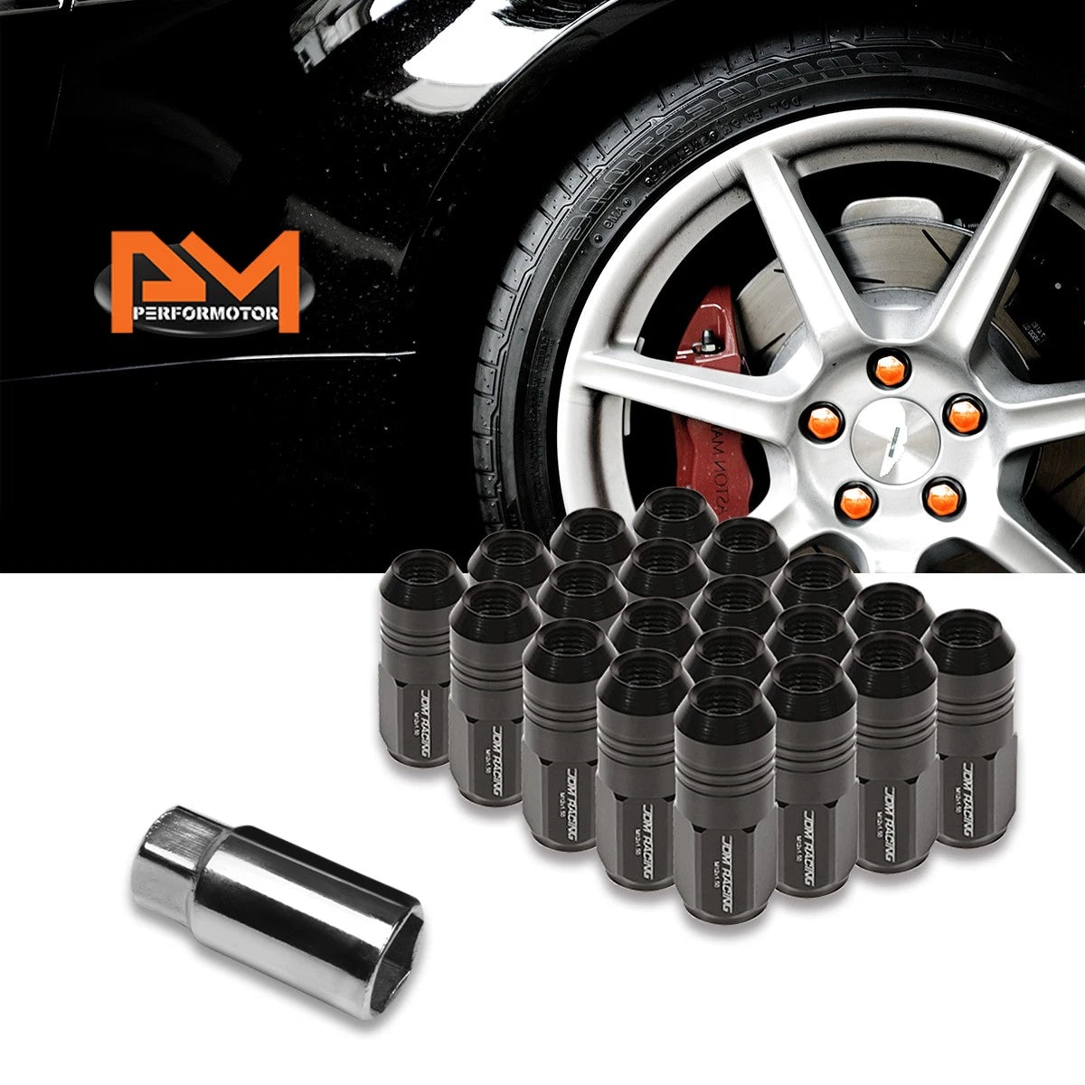 20Pc M12X1.5 Black Closed End Cone Hex Wheel Lug Nuts + Extension 20mm