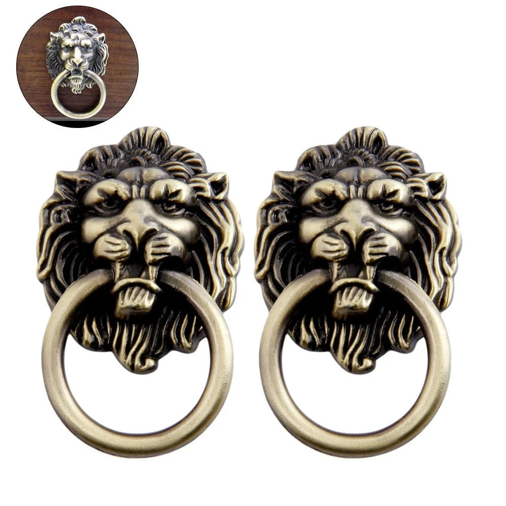 2X Antique Bronze Lion Head Door Pull Handle for Cabinet Drawer