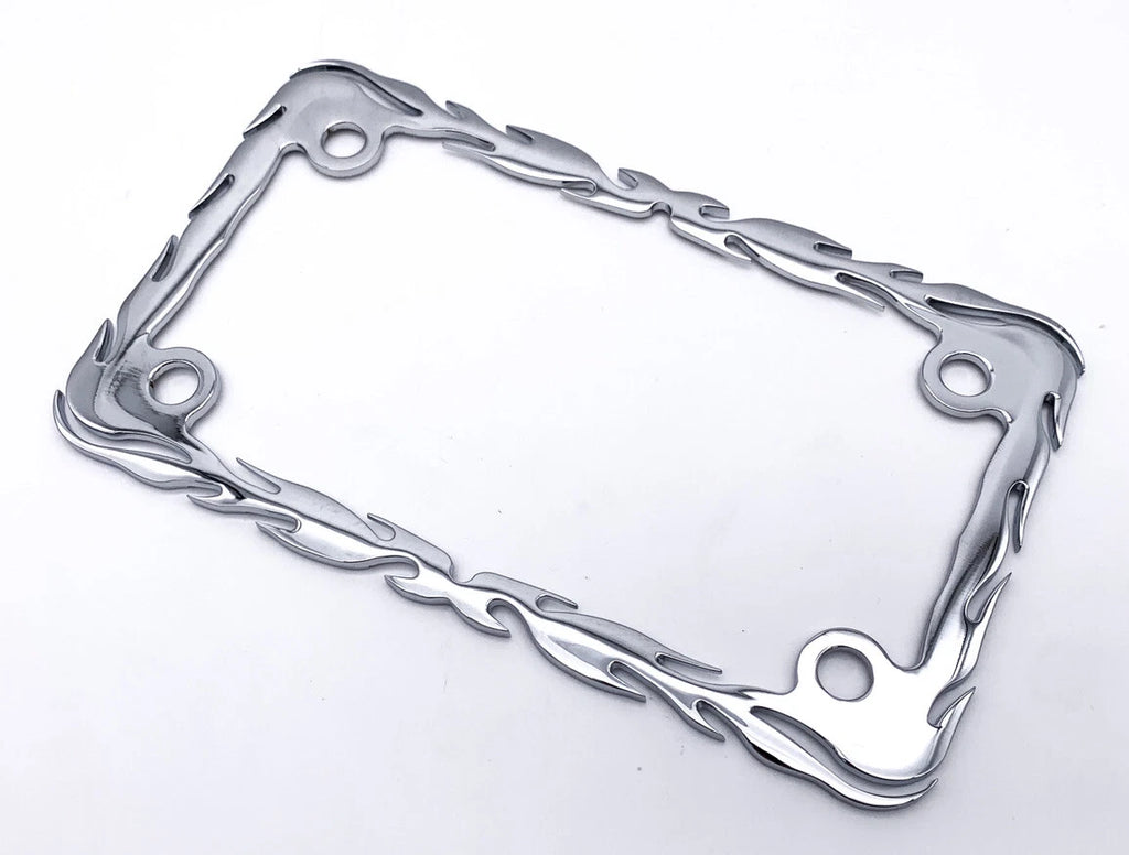 Chrome Flame Motorcycle License Plate Frame for All Makes Universal Fit (Any Year)