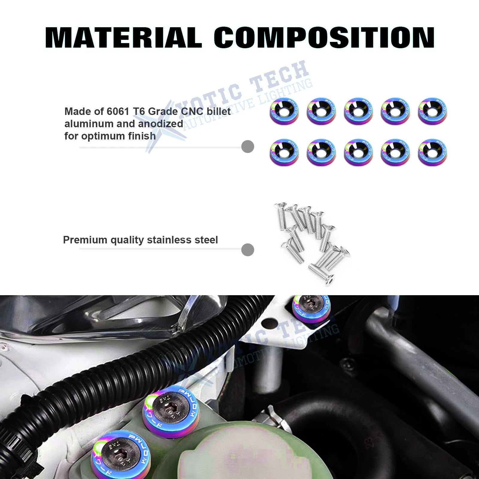 10Pcs M6 Billet Aluminum Fender Bumper Washer Bolts for Engine Bay (-)