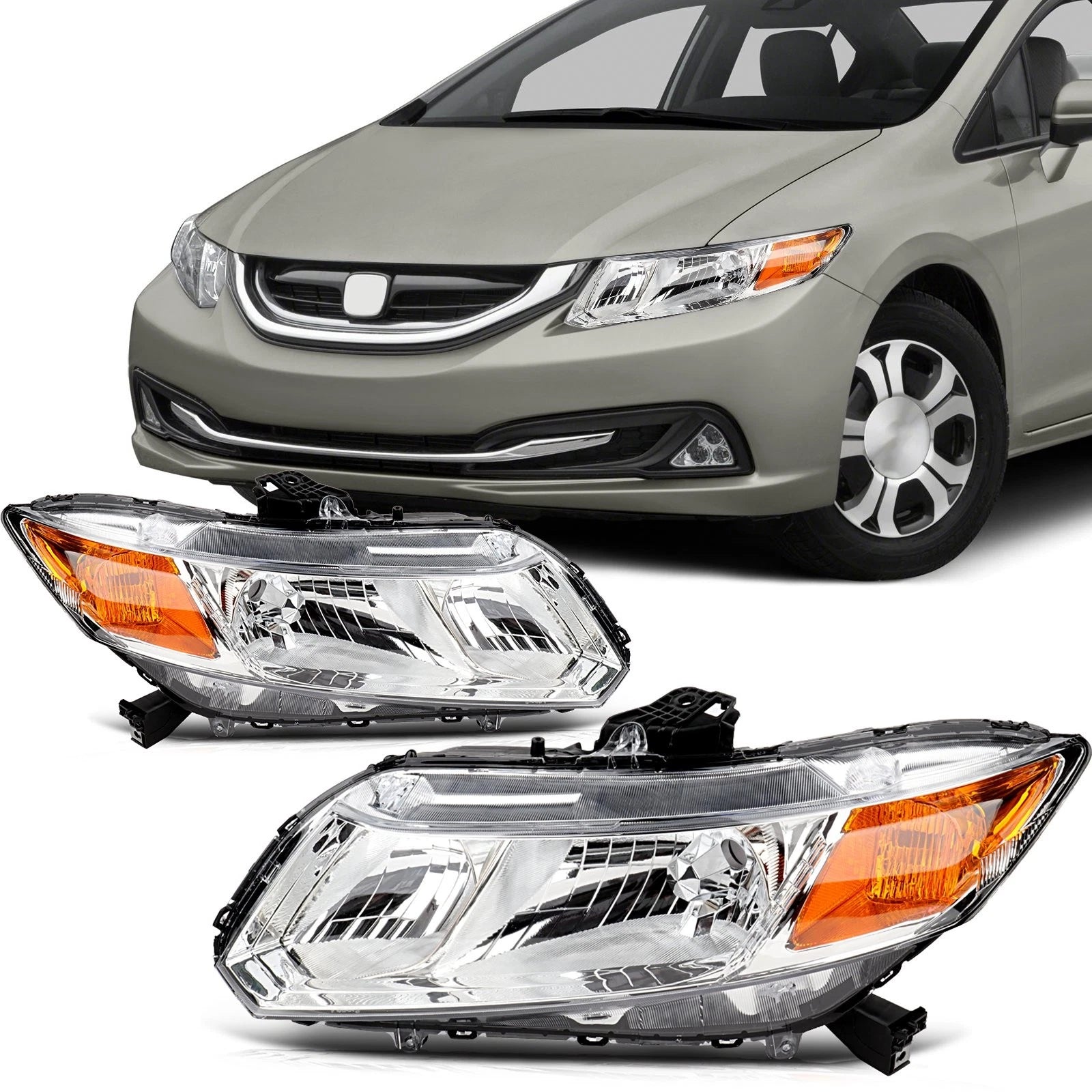 Set of 2 Chrome Amber Headlights Assembly for Honda Civic (2012–2015)