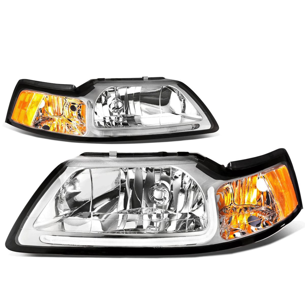 LED DRL Headlights for Ford Mustang (1999–2004) - Chrome Housing, Amber Corner