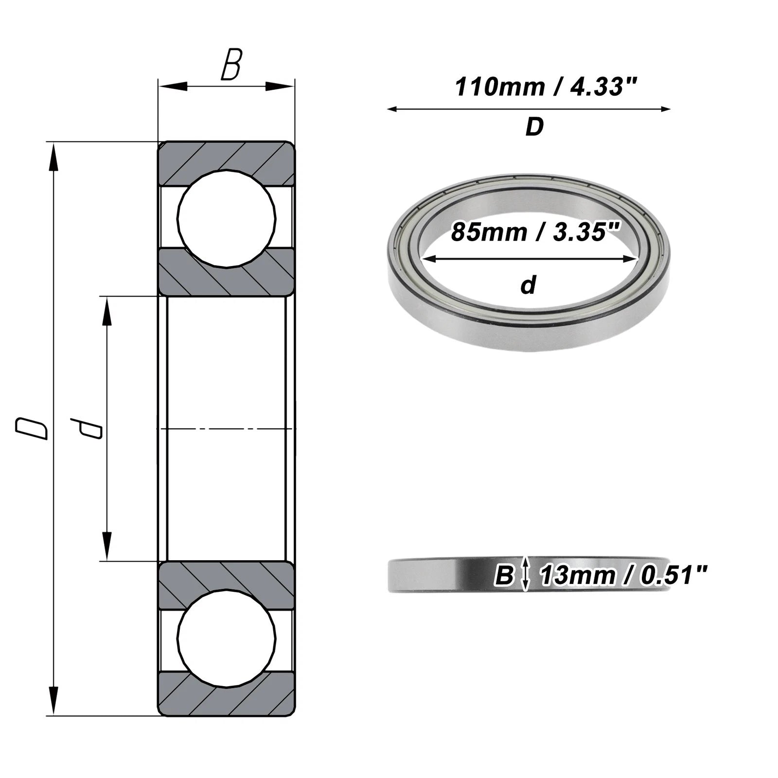 Deep Groove Ball Bearing P6 85x110x13mm for Scooter Skateboard (1 Pc)