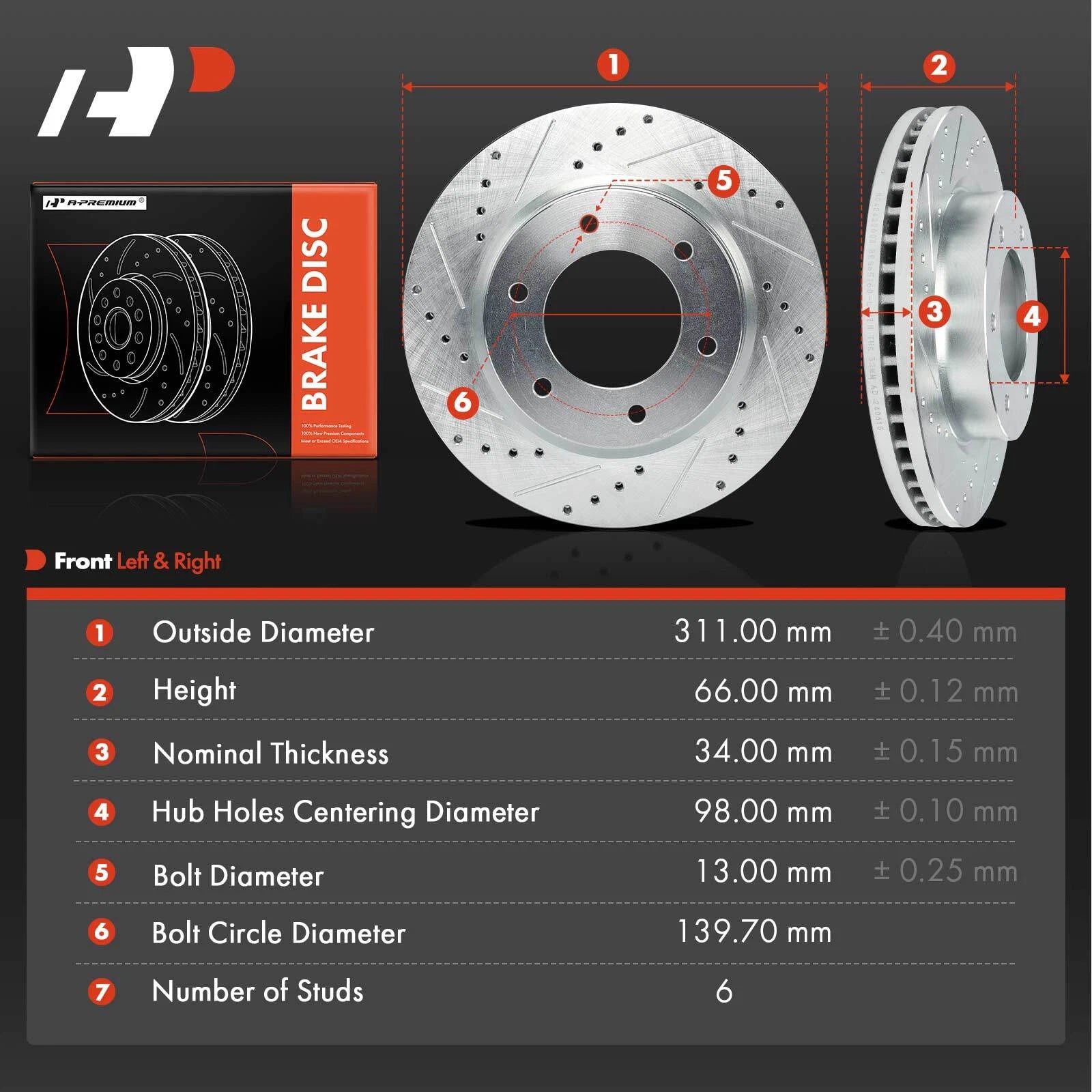 Drilled Brake Rotors for Ford Bronco Ranger (2021–2023) 311mm