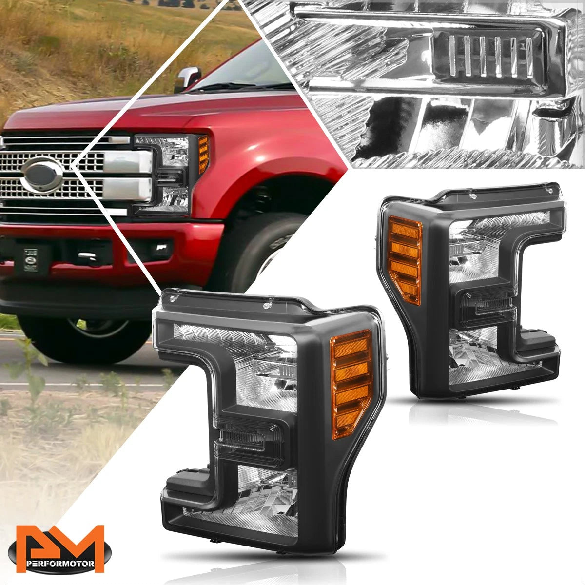 Headlight Lamps for Ford Super Duty (2017–2019) Black Housing Amber Corner