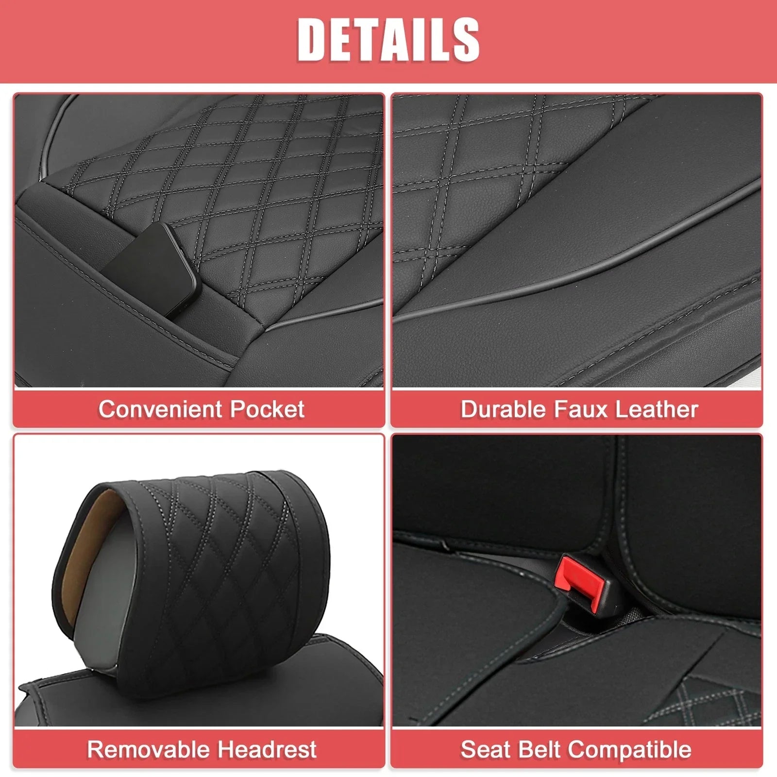 Car Front Rear Seat Covers for Dodge Ram 1500 2009-2023 Black Red 5 x Pcs