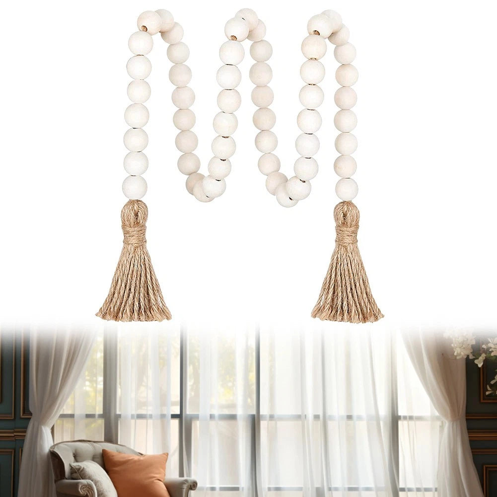 Set of 2 Rustic Wooden Bead Curtain Tiebacks with Tassels for Indoor/Outdoor