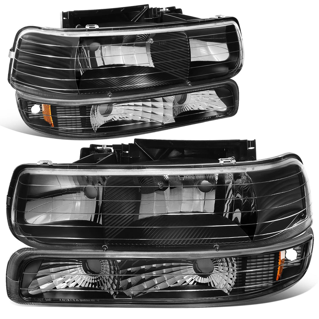 Set of 2 Black Crystal Headlights + Chrome LED Tail Lights for Silverado (1999–2002)