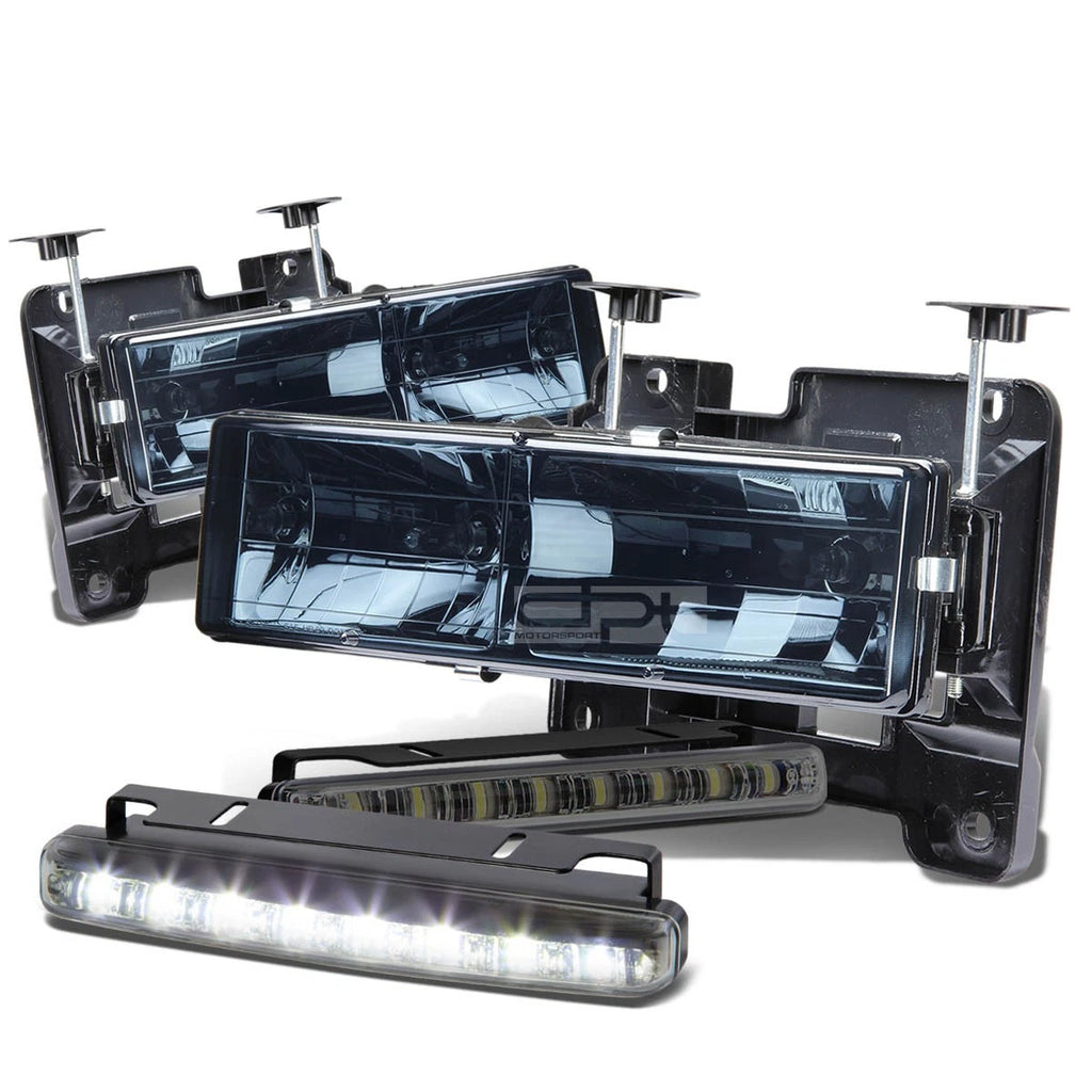 Smoked Tinted Lens Headlight + Corner + LED Fog Light Set for Chevy C10 C/K (1988–1998)