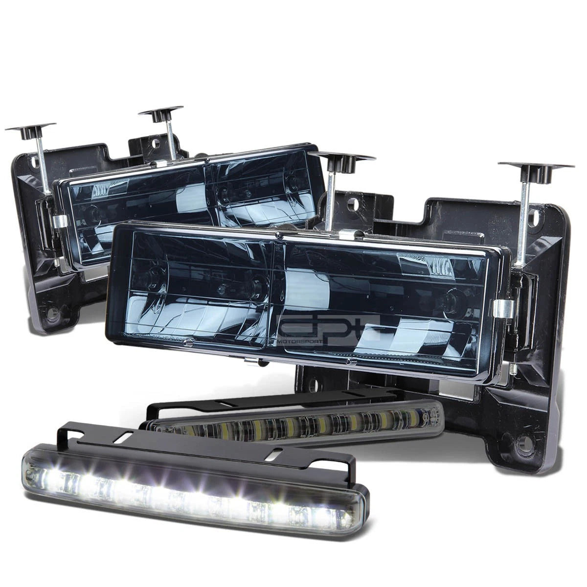Smoked Tinted Lens Headlight + Corner + LED Fog Light Set for Chevy C10 C/K (1988–1998)